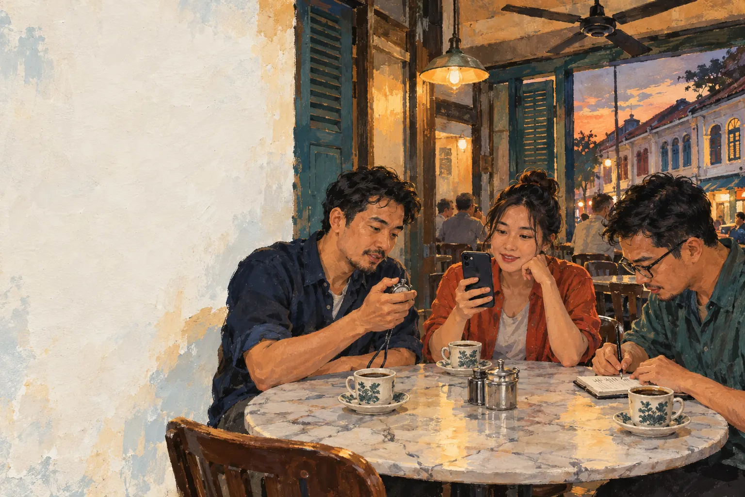 Tiga rakan di meja kopitiam mengira masa pengeluaran kasino dengan jam randik dan buku nota